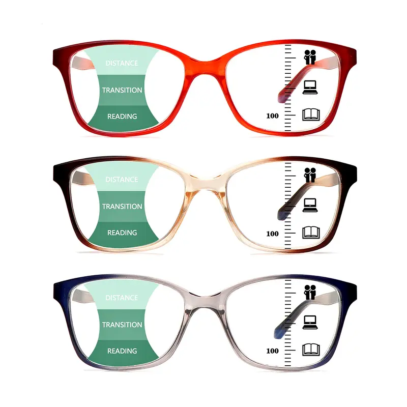 Unisex Bifocal Progressive Blue Light Blocking Reading Glasses 3-Pack, Lightweight Square Plastic Frames with Spring Hinges, UV Protection, Anti-Scratch High Definition Glasses, Multi-Focus Vision, Slim Face Fit, Mix Color Eye Fashion Eyewear