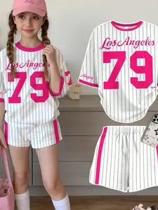 Los Angeles Racing Sportswear Set, Summer Baseball for Girls, Casual Fitted Two-Piece Set, All-Over Print, Short Sleeve T-Shirt & Striped Shorts, Softball Shirt