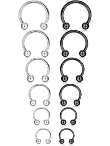 Simple 6 Pairs Silvery Black Piercing Septum Rings Stainless Steel Piercing Rings for Women Men Stylish Piercing Jewelry Set Nose Piercing Kit Nose Rings Earrings