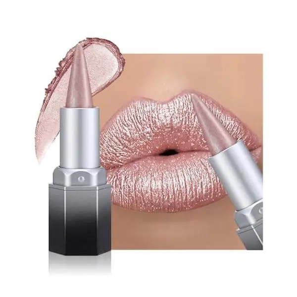 evpct Pink Shimmery Metallic Lip Liner and Lipstick Combo, Cone Tip Lip Crayon for Women Long Lasting Waterproof, Metal Shinny Hydrating Lipstick Makeup, Glitter Lips Liner Pencil for Shimmery Shade