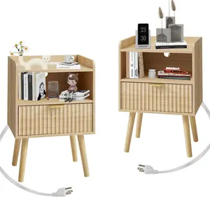 EROMMY 2-Piece Fluted Panel Nightstand Set - 16" Modern Mid-Century Engineered Wood Bedside Table with Charging Station, Drawer, Storage, Outward Legs, Curved Profile, Easy Assembly, Walnut End Table for Bedroom
