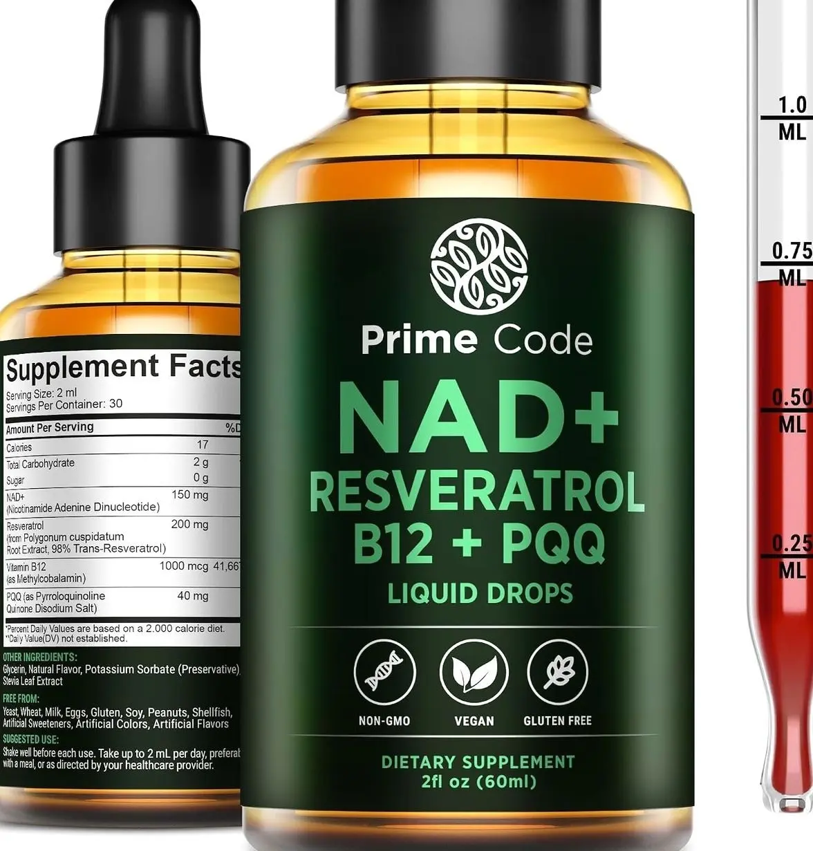 Prime Code NAD+ Liquid Drops with Resveratrol, Vitamin B12 & PQQ – Advanced Cellular Energy & Antioxidant Support – Vegan, Non-GMO, Gluten Free – Fast Absorption Supplement for Men & Women, 2 fl oz