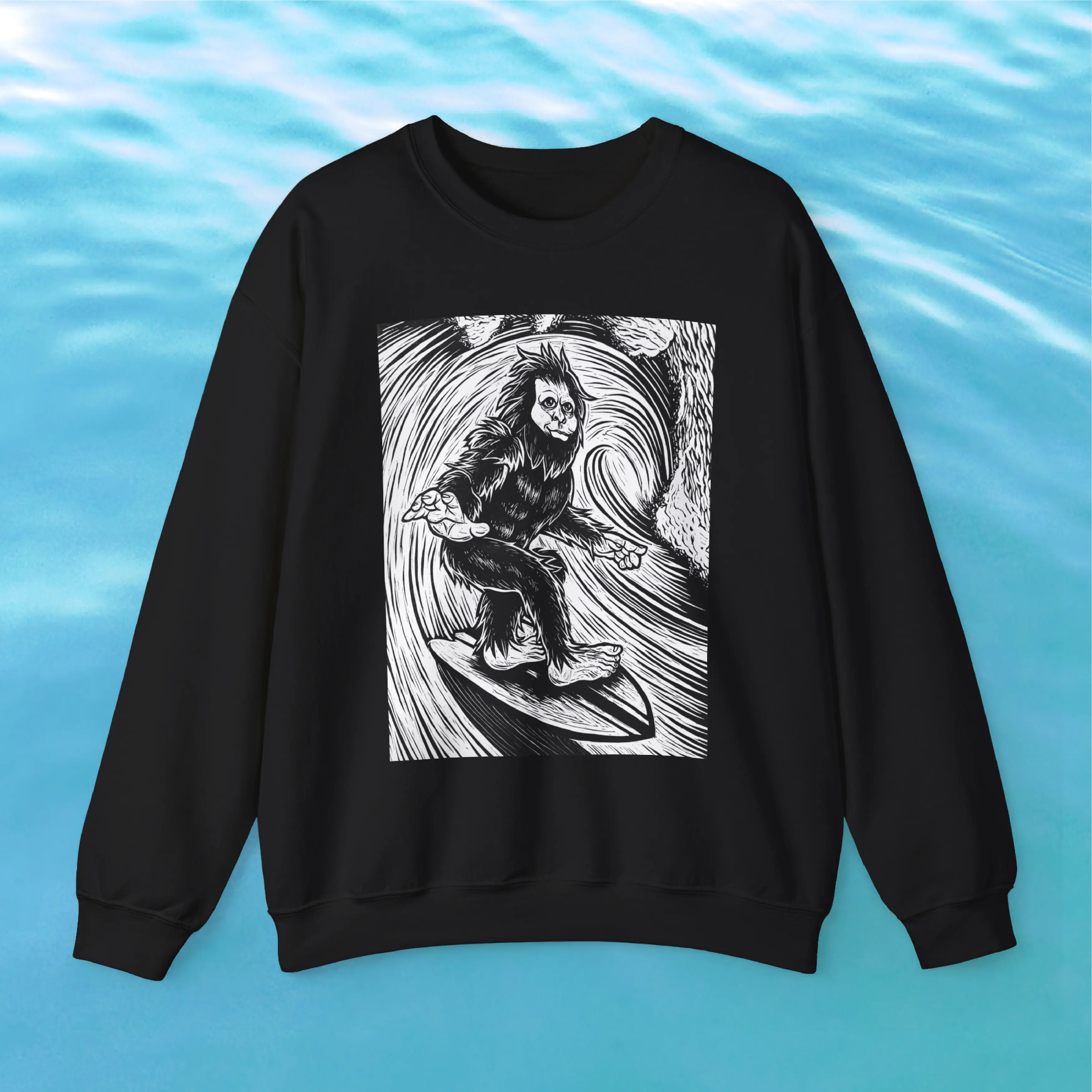 Surfing Sasquatch Sweatshirt - Vintage Wear, Tropical Aesthetic Hoodie, Beach Pullover, Unisex