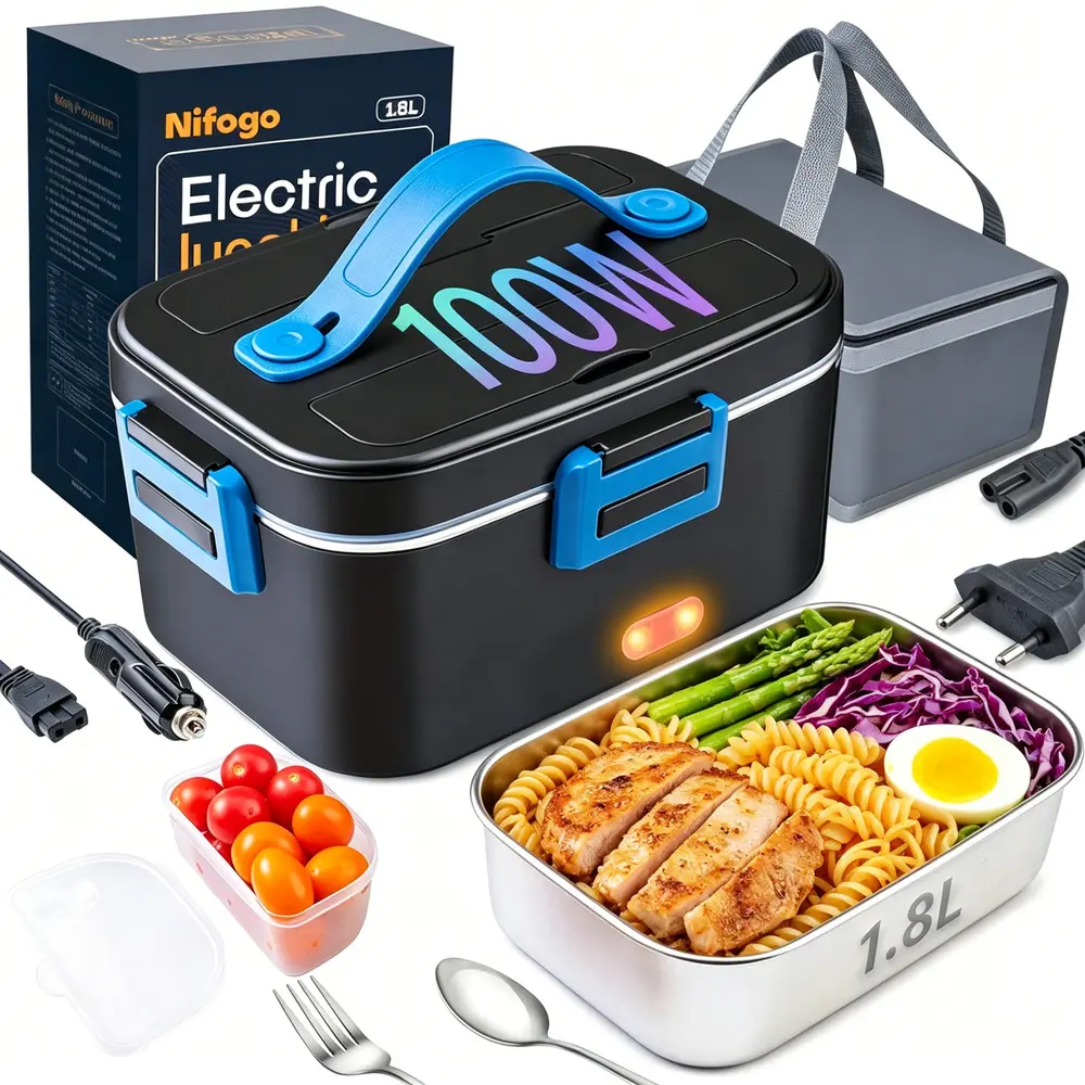 Heated Lunch Box for Men - Anti-Leak Fully Sealed, Wired Power Supply No Battery Needed, with Complete Utensil Kit for Desk Remote Work, Truck Camping, Campsites Portable Daily Travel