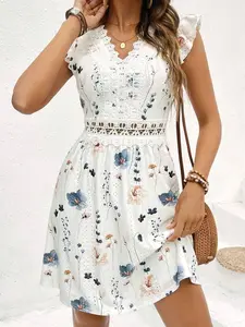 Textured White Printed Lace Dress - Date Night, Wedding, Summer Vacation