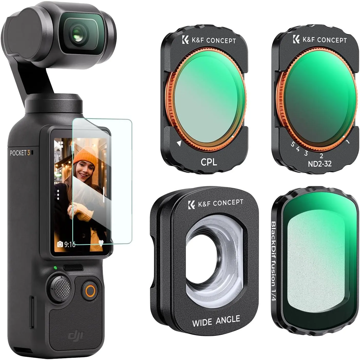 K&F Concept 4 Pack Magnetic Filter Set Compatible with DJI Osmo Pocket 3, CPL Polarizer Filter, Variable ND2-32, Black Diffusion Mist 1/4, Wide Angle Lens, Action Camera Accessories, Photography Camera Accessories, Video Recording Accessories