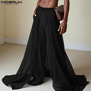 INCERUN Men's Spring Summer Autumn Flowy Chiffon Split Overlay Wide Leg Trousers Ethereal Skirt Pants for Beach Vacation Dinner Party Stage Performance Home Leisure