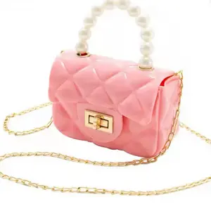 Women Girls Shoulder Bags with Pearl Handle and Gold Chain Strap Pink Quilted Design