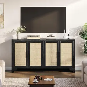 Natural Rattan Entertainment Center with Storage Cabinets,TV Stand for TVs Up to 70'',  Boho Media Console Table for Living Room, Farmhouse Cabinet
