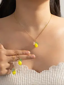 Fresh Lemon Necklace Earrings Set, Summer Fruit Oil Drop Collar Chain, Sweet Girlish Ear Jewelry Two-Piece Set, Fashionable Accessory, Accessories Set, Choker Set