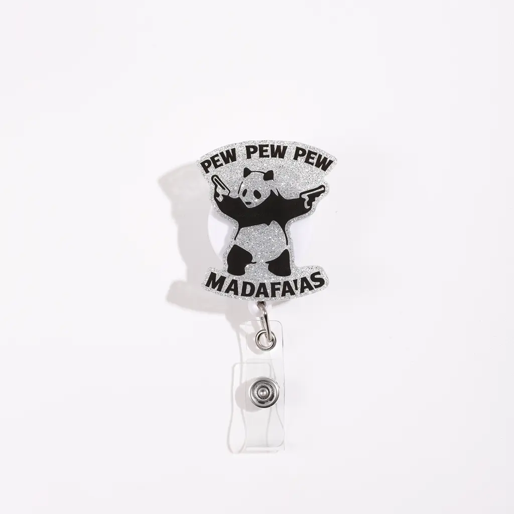 Panda Badge Reel with Dual Guns Design, Funny Text 'pew Pew Pew' & 'madafakas', Unique Accessory for Panda Lovers, Retractable Badge
