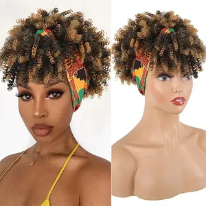 Women's 8-Inch Afro Curly Wig with Headband Natural Fluffy Curly Soft Synthetic Material Wig Synthetic Full Machine Glue-Free Wig for Party Cosplay Photoshoot Daily Use