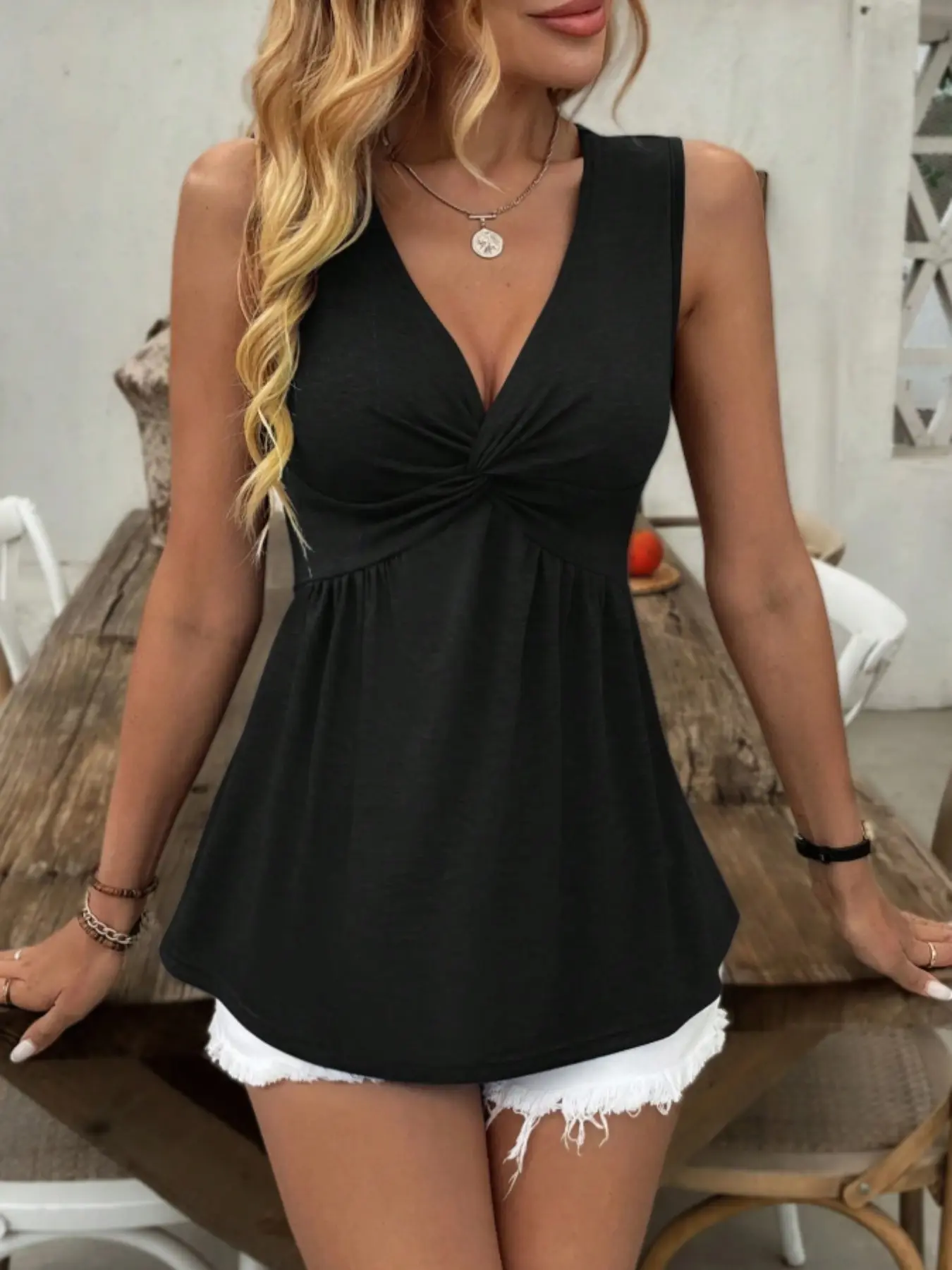 Women's Knot Front V-Neck Sleeveless Tank Top, Elegant Slim Fit Solid Color Upper, Casual Plain Surface Unlined Clothing, Lightweight