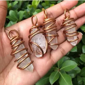 Simple Copper Wire-Wrapped Pendant - Handcrafted with Natural Quartz Points for Healing & Decor