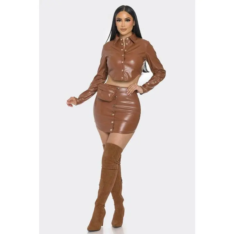 Faux Leather Jacket Skirt Set Brown