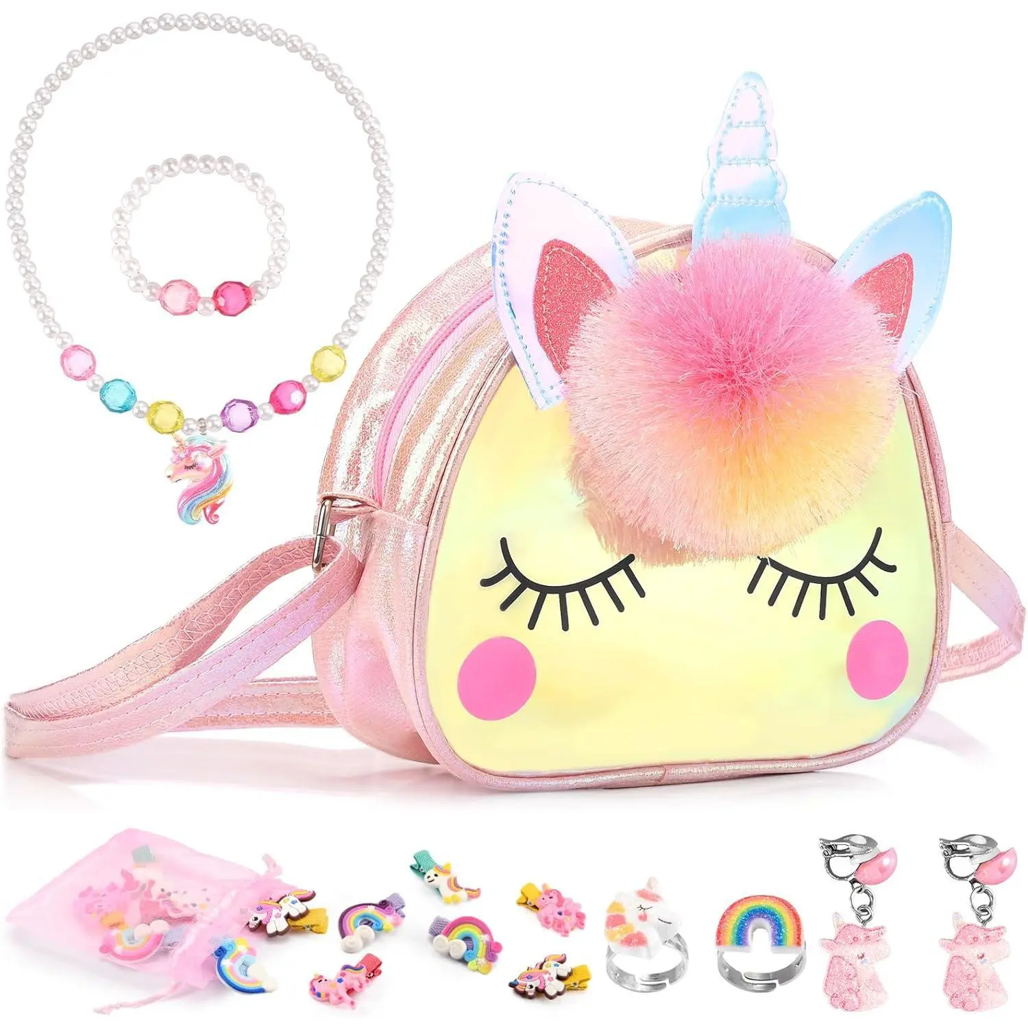 KF5-CBP26  Unicorn Purse Set for Girls 3-10 Year Olds | 18-Piece Dress Up Play Set with Crossbody Bag, Jewelry & Hair Accessories | Perfect Birthday Gifts, Party Favors & Toddler Dress Up Toys for Girls