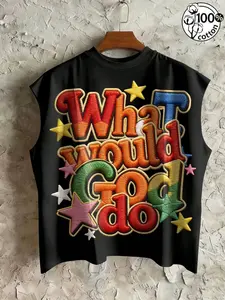 Unisex 100% Cotton White Sleeveless Tank | Faux-Embroidered Gradient "What would God do" Print Retro Playful Streetwear Top