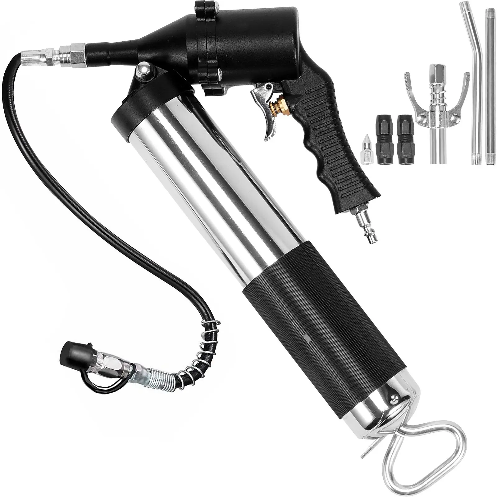 Air Operated Grease Gun, 6000 PSI, 14 Oz / 400 CC Capacity, Heavy Duty Pneumatic Grease Gun with 18.5 Inch Flexible Hose, Black Flat Coupler, Pointed Coupler, Bent Metal Pipe, Locking Clamp, and Extra Fittings