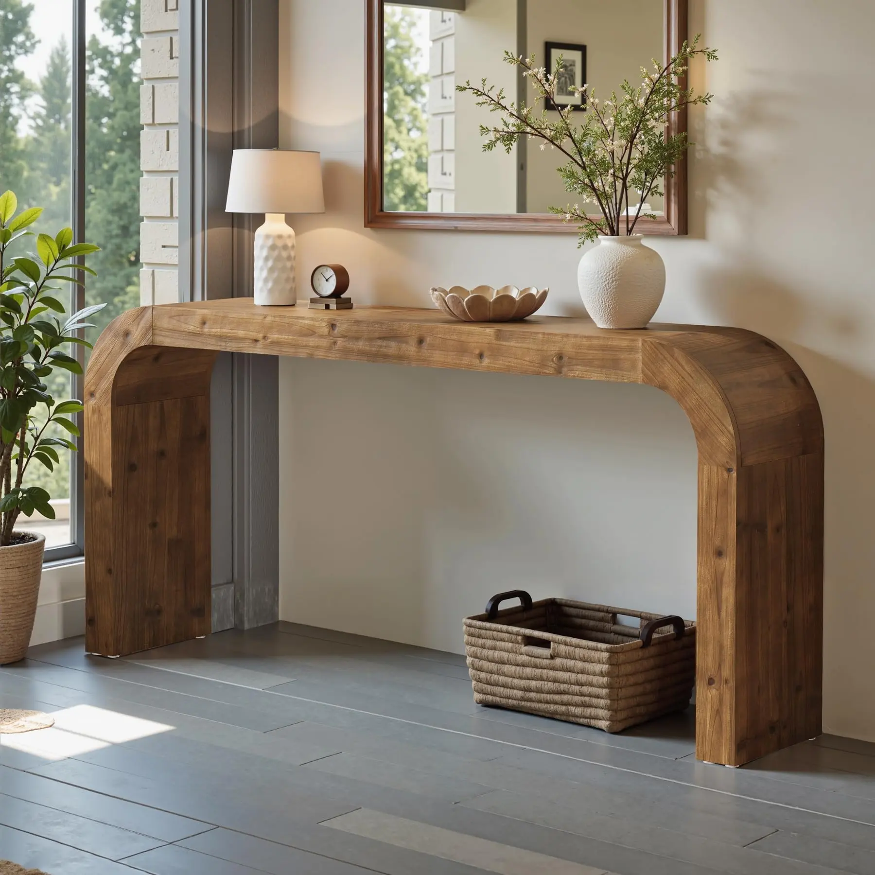 Tribewood Solid Wood 70.87-Inch Console Table for Hallway & Living Room - Farmhouse Sofa Table with Curved Corners (Natural Wood)