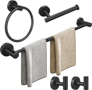 5pcs Matte Black Bathroom Hardware Set, Including 1pcs 24in Retractable Hand Single Towel Bar with 1pcs Toilet Paper Holders, 1pcs Towel Rings 2pcs