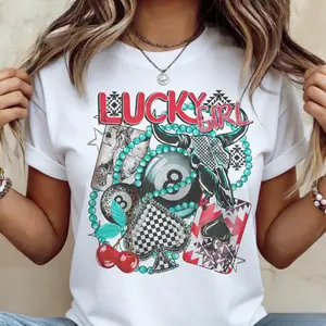 Vintage Western Tees Retro Lucky 8 Turquoise Tshirt Country Spades Checkered T-Shirts Casual Womenwears Crewneck