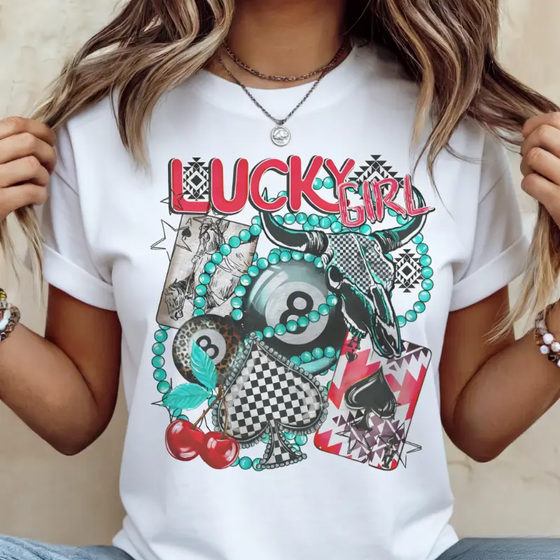 Vintage Western Tees Retro Lucky 8 Turquoise Tshirt Country Spades Checkered TShirts Casual Womenwears Crewneckeveryday graphic tee  cotton tee shirt