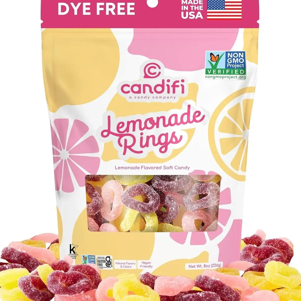 Candifi Lemonade Rings – Sour-Sweet Vegan Pink Lemonade Gummy Rings – Dye Free Candy – Sour Gummies Natural Candy, Non GMO – Kosher, No Gelatin, Gluten Free Snacks (8 oz)