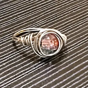 handmade wire wrapped ring with pink and blue  bead size 8