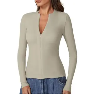 QINSEN Long Sleeve Shirts for Women Crewneck Half Zipper Ribbed Knit Going Out Tops Full Length Basic Tee