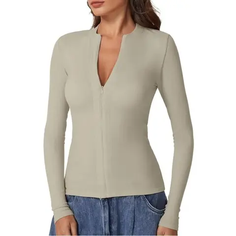 QINSEN Long Sleeve Shirts for Women Crewneck Half Zipper Ribbed Knit Going Out Tops Full Length Basic Tee
