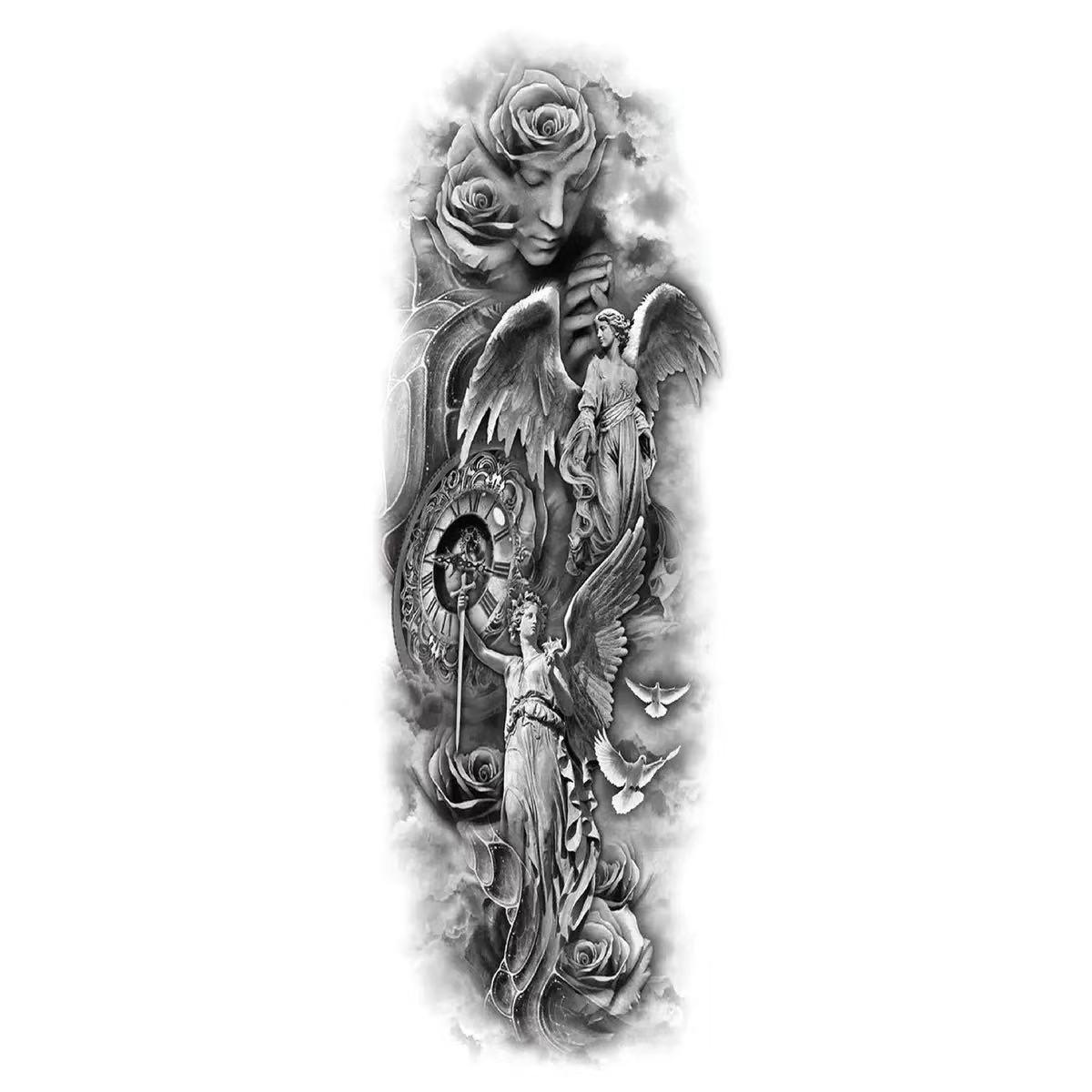 8 Full-Arm Tattoo Stickers: Crown, Lion, Skull, Angel, Wolf, Rose, Clock; Waterproof Tattoo Stickers