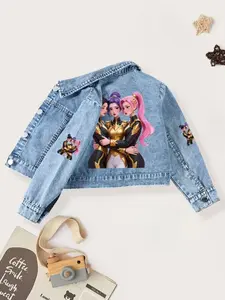 Fashionable Printed Denim Jacket for Kids, Girls' Casual Fitted Top, Gold Armor Anime Print, Light Blue Fabric, All Seasons