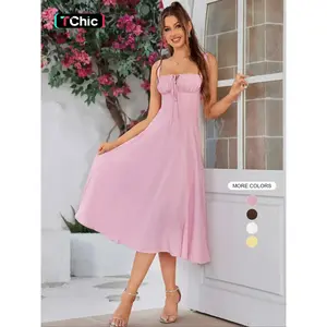 Women's Lace Up Split Thigh Cami Dress, Elegant Adjustable Strap Backless Tie Front Midi Dress, Women's Dress for Summer Beach Holiday