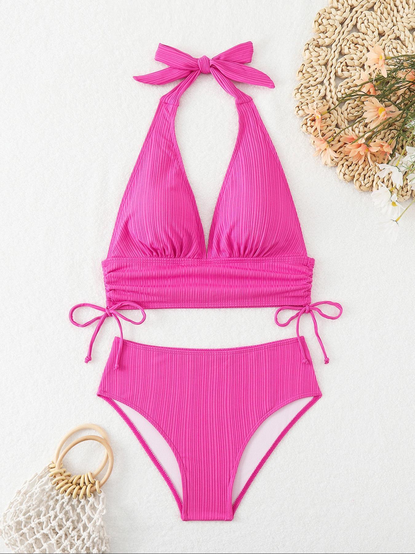 Two-Piece Set Women's Solid Color Bikini Set, Casual Fashion Chic Swimsuit Set, Ladies Swimwear for Beach Holiday Vacation