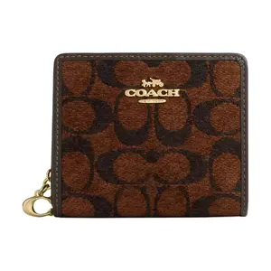 COACH Snap Wallet with Gold Metal Accents and Signature Chenille Leather for Women in Truffle Color