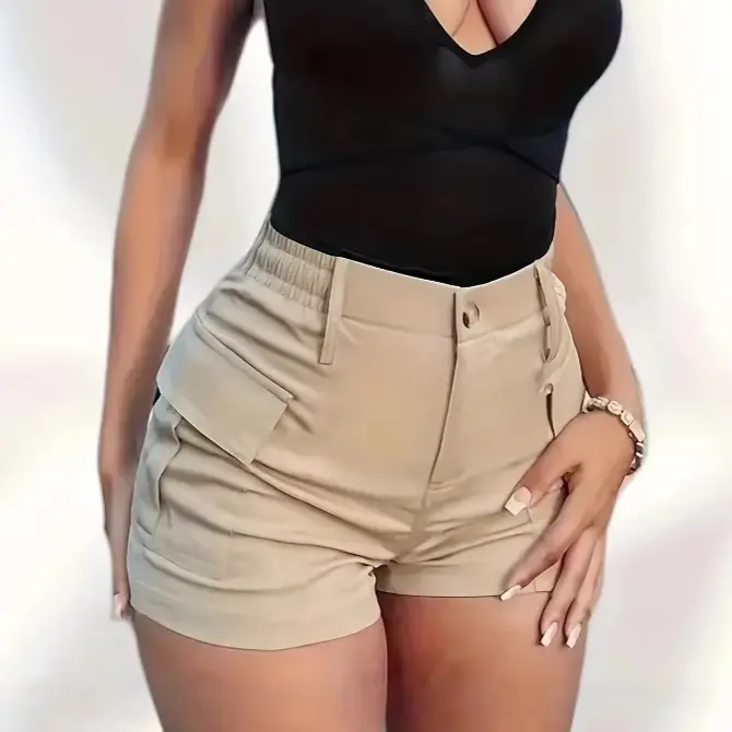 Women’s High-Waisted Cargo Shorts – Tummy Control Elastic Waist, Multiple Pockets, Summer Fit