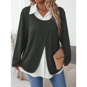 Women's Plus Size Casual Colorblock Patchwork Faux Two-Piece Long Sleeve Shirt, Fall & Winter Fashion, Comfortable and Stylish