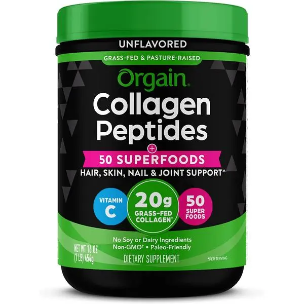Orgain Hydrolyzed Collagen Powder with 50 Organic Superfoods & Fitness for Everyone, 20g Grass-Fed Type I & III Collagen, Vitamin C, Unflavored 1lb Supplement - Non-GMO Hair, Skin, Nail & Joint Support for Women & Men