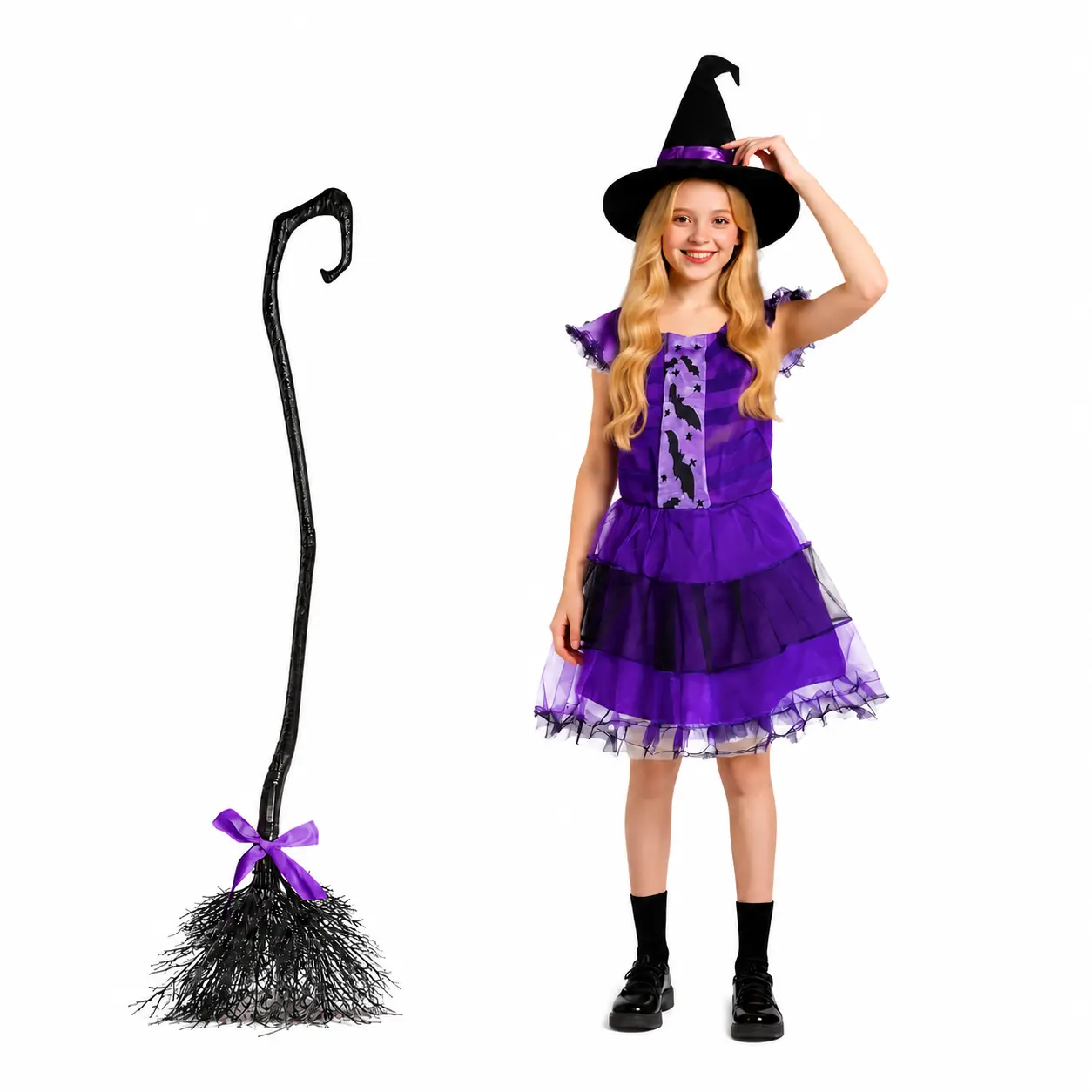 Kids Witch Costume Set,Complete Witch Dress with Matching Witch Hat&Broom Accessory,Classic Halloween Themed Party Outfit,Versatile Cosplay Apparel for Halloween Celebration&Costume Party,Cute Holiday Birthday Gift for Little Girls,houghtful Holiday Gift