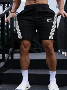 1 Pair Men‘s Black Sport Shorts With Side Stripe And “THE STAR” Graphic， Athleisure Gym Shorts For Running Training And Street Style, Lightweight Athletic Shorts