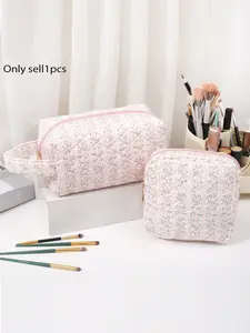 Cute pink floral quilted cosmetic bag, cosmetic bag with handle, large capacity women's travel toiletry bag, beautiful floral print skin care brush storage bag