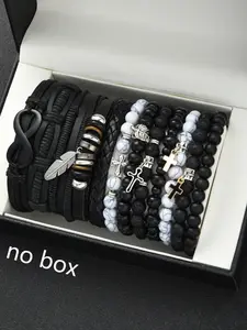 Men's Beaded Set, Cross Pendant Stone Jewelry, Casual Hip-Hop Style, Perfect Gift for Halloween Christmas Birthdays, Bracelet with Charms, Bracelets Stacking
