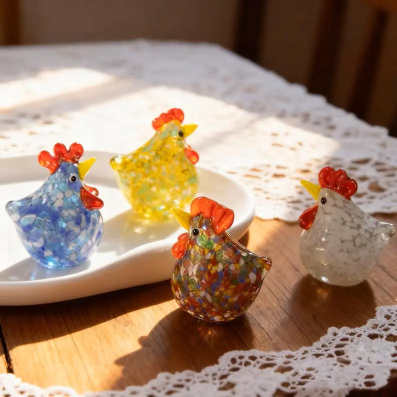Handmade Glossy Colorful Glass Chicken Figurine Set - Vibrant Blue, Yellow, Multi-Color, White-Spotted Art Glass Hens - Farmhouse Kitchen Decorative Ornaments, Easter Gift Collectible Animal Paperweights Garden Statues, Indoor
