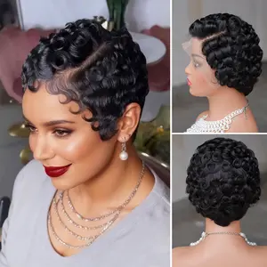 Short  Elf Curly Hair Straight Drop Lace Pixie Cut Women's Wigs 13x4 Front Lace  Elastic Rose Mesh  Human Hair  Layered Wig