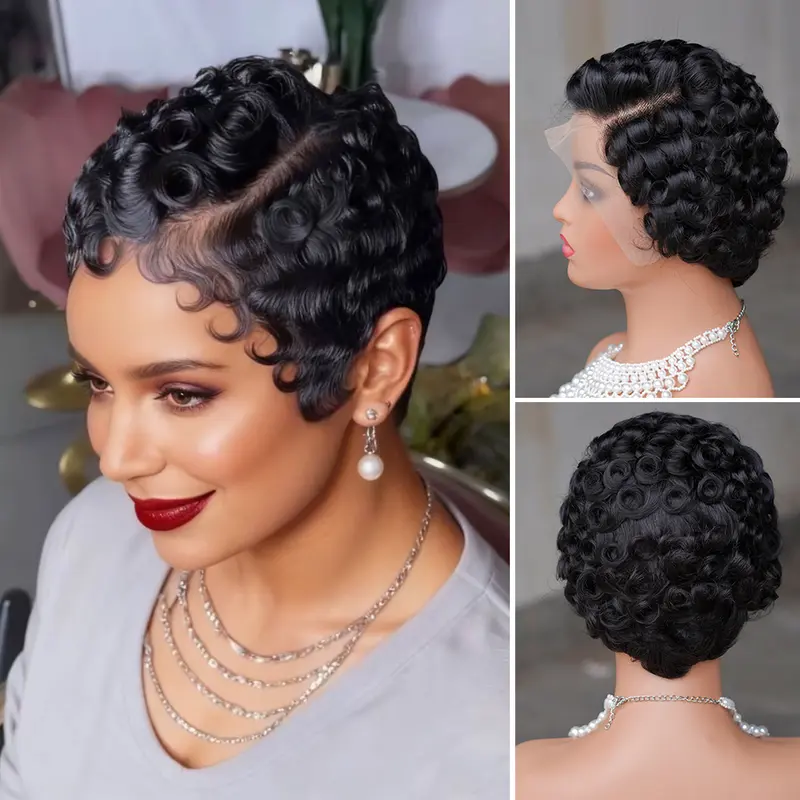 Black Short  Elf Curly Hair Straight Drop Lace Pixie Cut Women's Wigs 13x4 Front Lace  Elastic Rose Mesh 180% Density Human Hair  Layered Wig