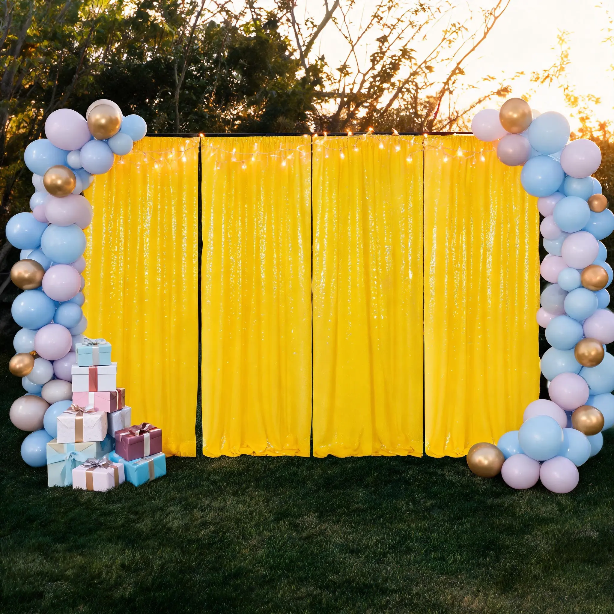 Round Yellow Sequin Backdrop Curtain Banners, 8-Pack 2ft x 8ft Festive Drapes, for Wedding Photography, Restaurant Ambiance