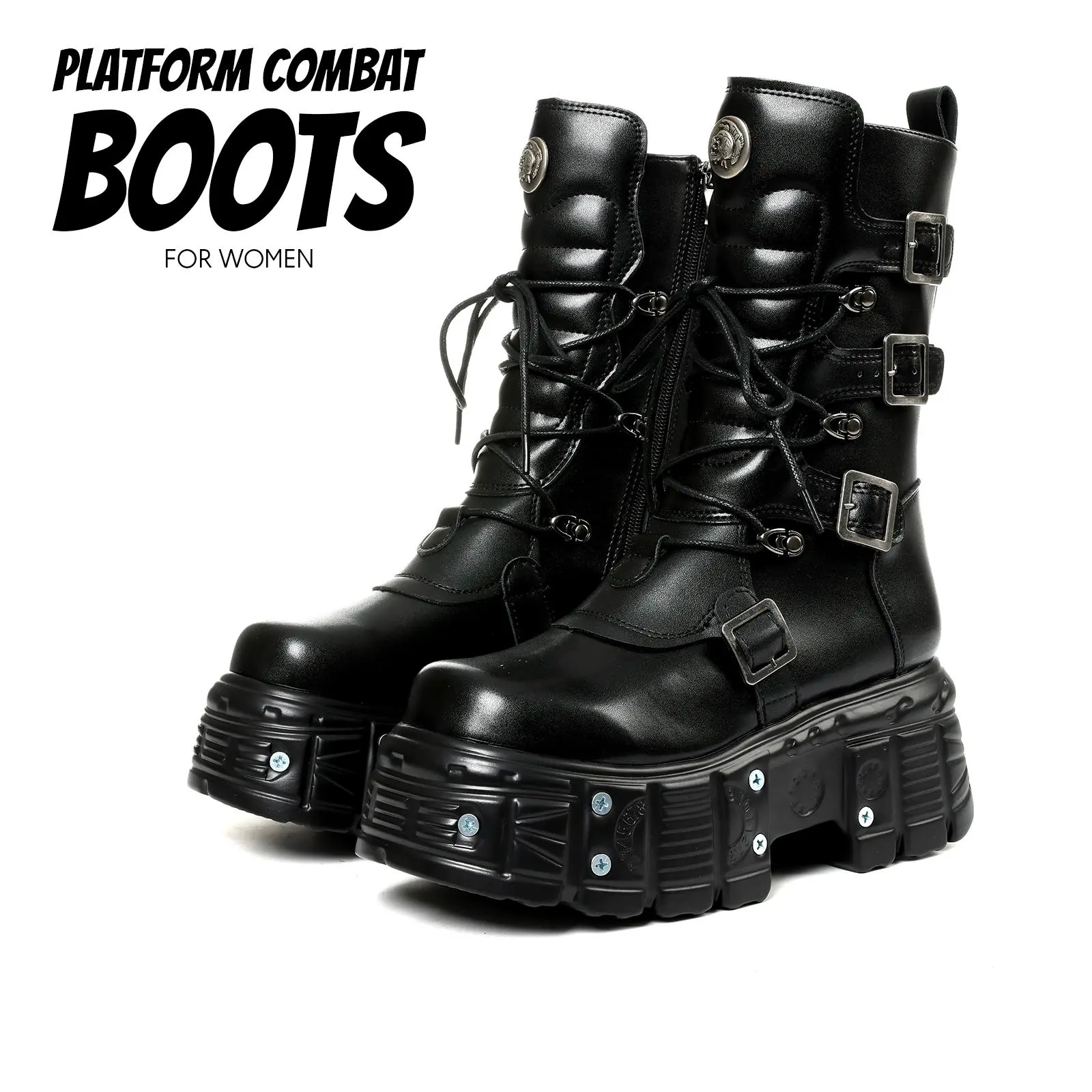 Platform Combat Boots for Womens Mid Calf Boot Round Toe Chunky Block Heel Lace Up Closure Side Zippper Buckles Studs Easy Pull on Combat Punk Rave Party Motorcycle Bike Riding Cosplay Goth Shoes