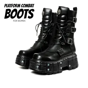 Platform Combat Boots for Womens Mid Calf Boot Round Toe Chunky Block Heel Lace Up Closure Side Zippper Buckles Studs Easy Pull on Combat Punk Rave Party Motorcycle Bike Riding Cosplay Goth Shoes