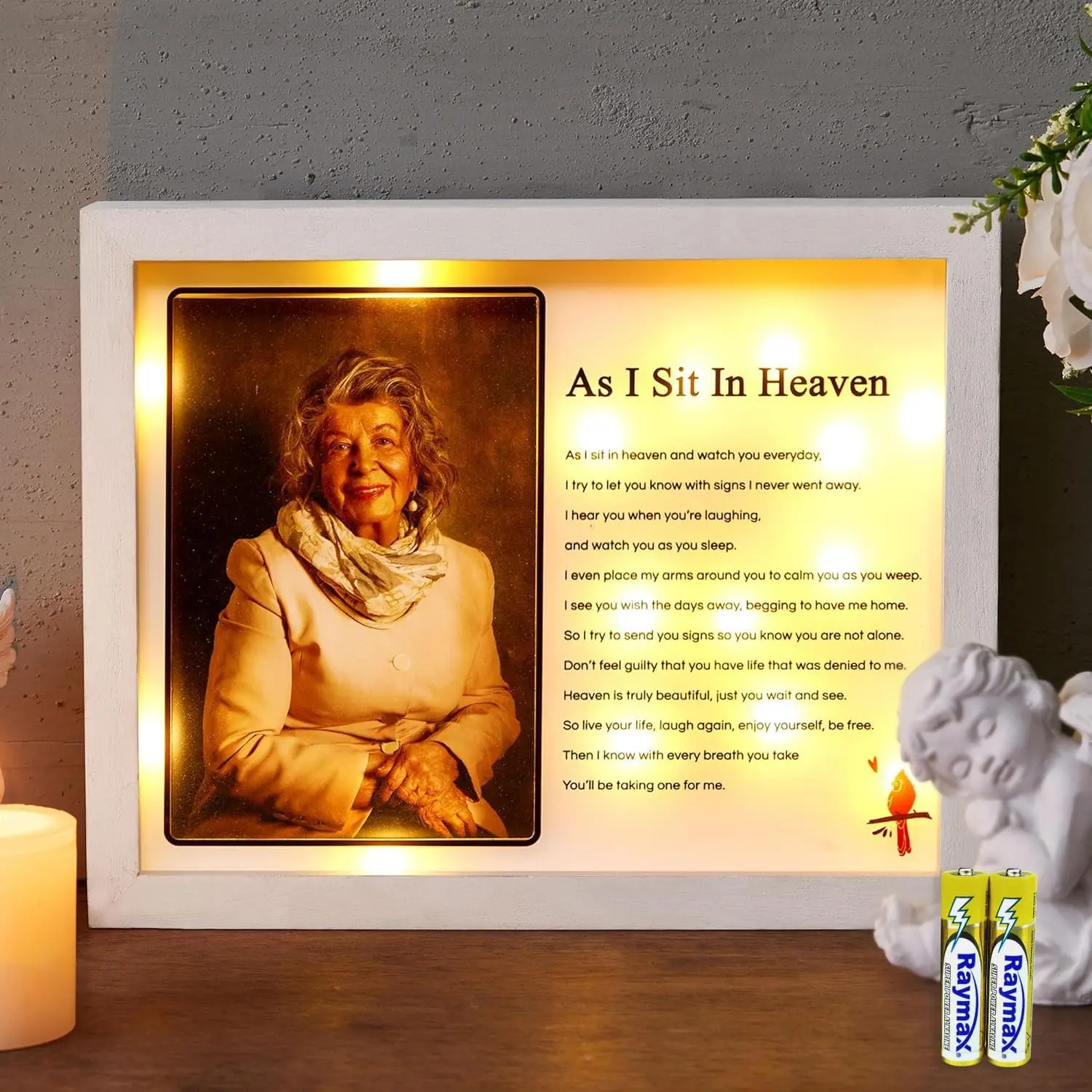 Sympathy  LED Memorial Shadow Box Memorial Picture Frame for Loss of Loved One 4x6 Photo (As I Sit in Heaven White)