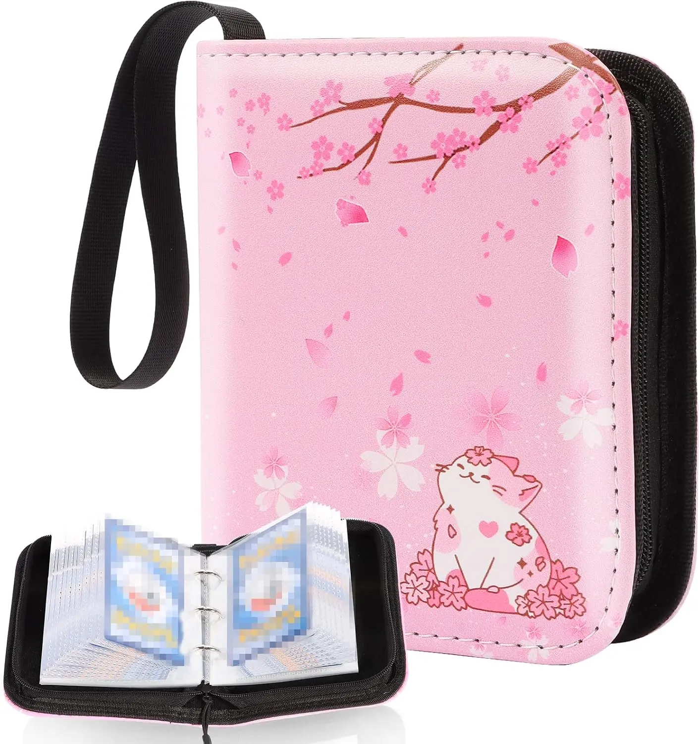 Small 1 Pocket Card Binder for Cards,Mini Trading Card Binder Holder Fits 80 Cards with 40 Removable Sleeves,Card Collection Binder Album Book Case for TCG,MTG,Sports Games (Sakura Cat)